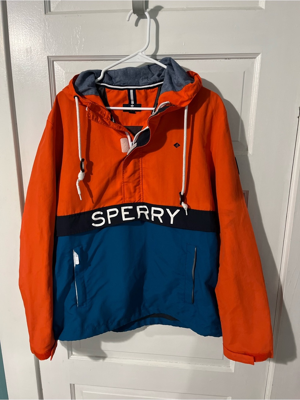 Men’s Sperry Orange & Teal Colorblock Hooded Pullover Size M